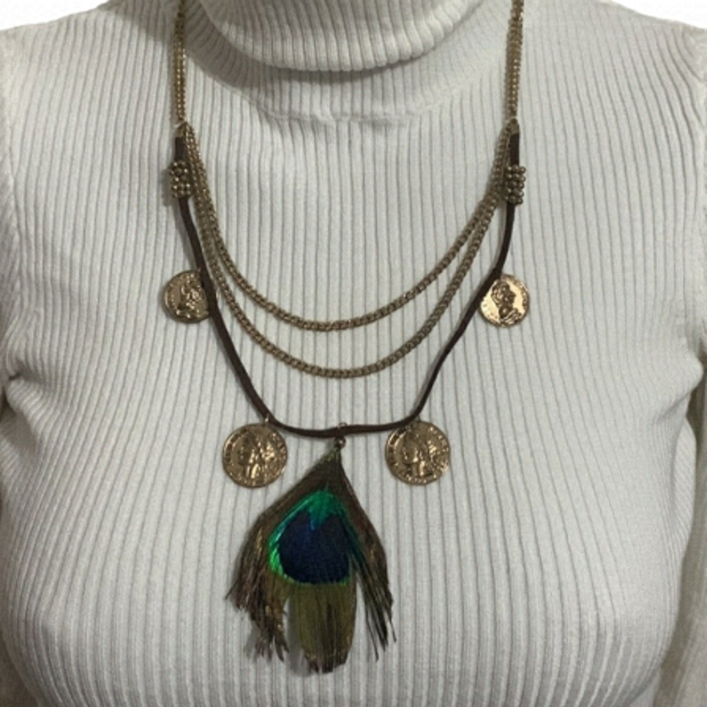 𝅺BOHO Leather, peacock feather, and faux coin 3 strand necklace with adjuster